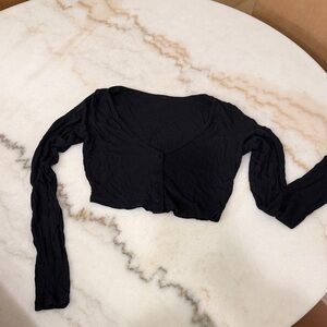 Alo Yoga Black Ribbed Cropped Button-Front Long-Sleeve Top
